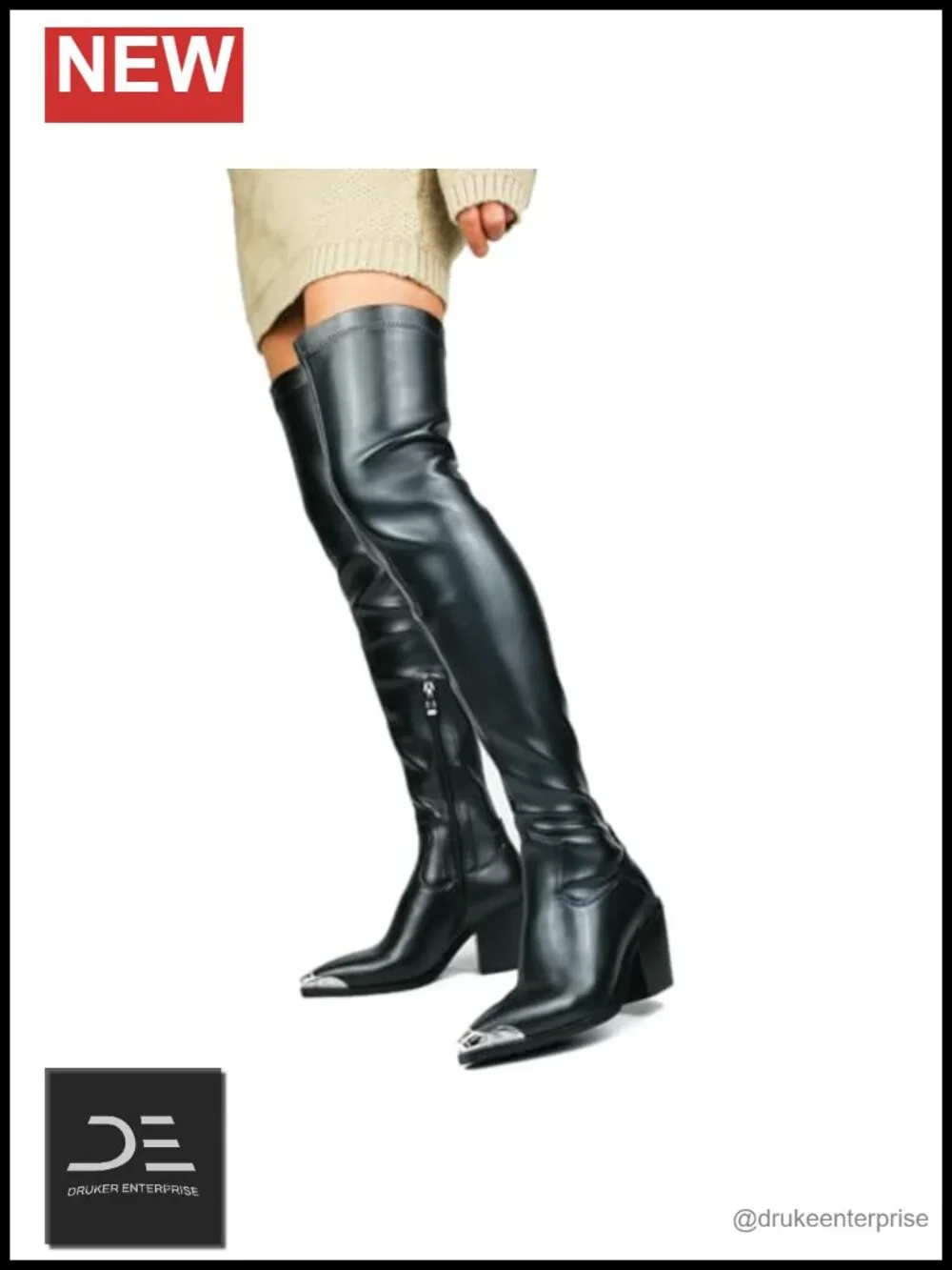 Faux Leather Pointed Toe Chunky Heel Thigh High Boots Side Zipper